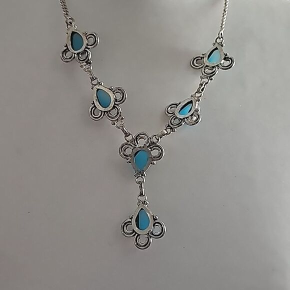 Blue Chalcedony Stone Necklace 18" Silver Plated - Picture 5 of 6
